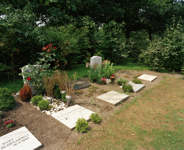 822082 Afbeelding van enkele graven met beplanting op de 4e Algemene Begraafplaats Daelwijck (Floridadreef 11) te Utrecht.